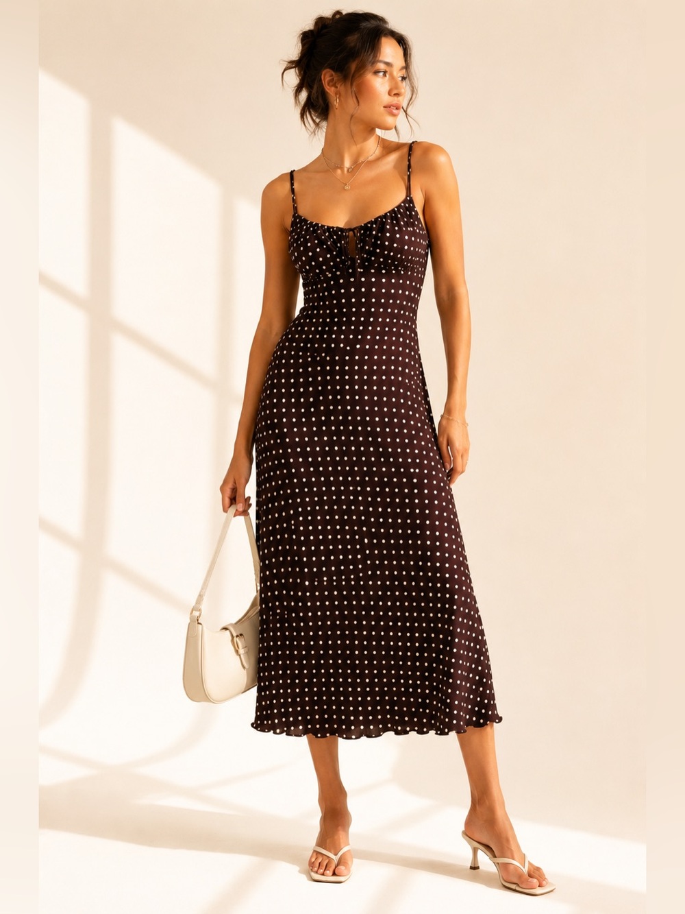 Vintage Y2K Polka Dot Milkmaid Midi Dress Tie Front Lettuce Hem Size 14